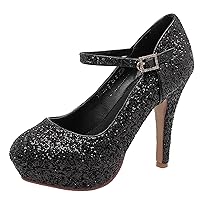 Women Stiletto Mary Jane Shoes, High Heel Pumps Round Toe Buckle Evening Shoes with Platform Sequins Elegant Dress Pumps, Size 2-10
