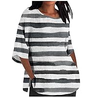 Womens Vintage Cotton Linen Shirts 3/4 Sleeve Side Split Loose T Shirt Boho Casual Blouse Tunic Tops Crew Neck Hippie Clothes