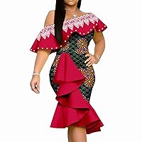 African Dresses for Women Ankara Print Embroidery High Wasit Elegant Bodycon Dress for Evening Wedding