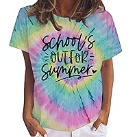 School's Out for Summer Womens Tie Dye Tee Shirts Graduate Casual Short Sleeve Tops 2023 Classmate Memorial Blouses