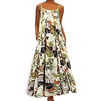 Women's Dress Sleeveless Long Foral Print Hawai Swing V-Neck Glamorous Beach Casual Loose-Fitting Summer Flowy