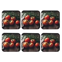 Tomatoes On Wood Table Print Leather Coasters Set of 6 Heat Resistant Coasters for Drinks Round Cup Mat Pad Bar Coasters with Storage Case for Kitchen Home Decor Housewarming Gift