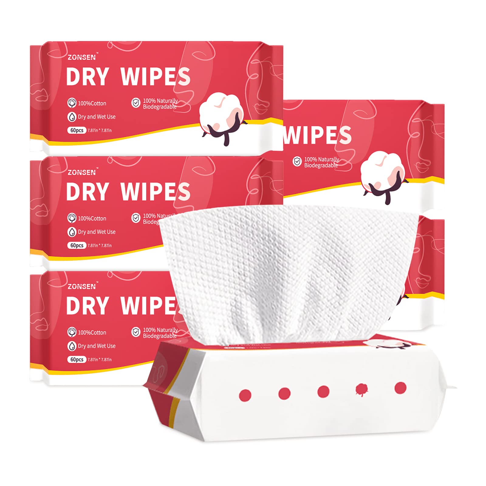 Disposable Face Towel, ZONSEN Dry Wipes Deeply Cleansing Facial Cotton Tissue, Chemical-Free Unscented Biodegradable Ultra Soft Cotton Wipes, Extra Thick Lint Free for Sensitive Skin, 360 Count