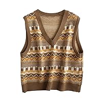 Flygo Women's V Neck Knit Sweater Vest Preppy Style Argyle Plaid Sleeveless Tank Tops