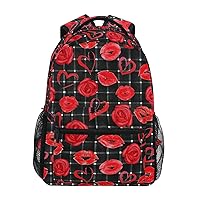 ALAZA Red Lips Hearts Roses Plaid Check Backpack Purse with Multiple Pockets Name Card Personalized Travel Laptop School Book Bag, Size M/16.9 inch