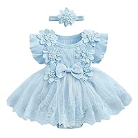 Newborn Baby Girl Romper Dress Ruffle Sleeve Mesh Dress Toddler Lace Dress Jumpsuits with Headband