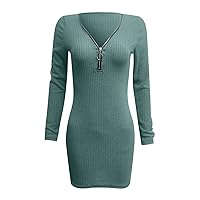 XJYIOEWT Olive Green Dress for Women,Women Casual Warm Dress Solid Knit Dress Zipper V-Neck Sweaters Dress Long Sleeve M