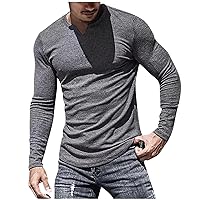 Mens Solid Long Sleeve T-Shirt Ribbed Knit Muscle Shirts Casual Stretch Tops V-Neck Fashion Bodybuilding Tee Blouse