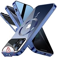 [Full Camera Protection& Mechanical Lock] Magnetic Privacy Case for iPhone 15 Pro[Compatible with MagSafe][CD Metal Ring] Full Body Shockproof Metal Bumper, 9H Anti Peeping Glass Cover-Blue
