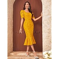 Dresses for Women Dress Women's Dress Floral Print Puff Sleeve Dress Without Belt Dress (Color : Mustard Yellow, Size : X-Large)