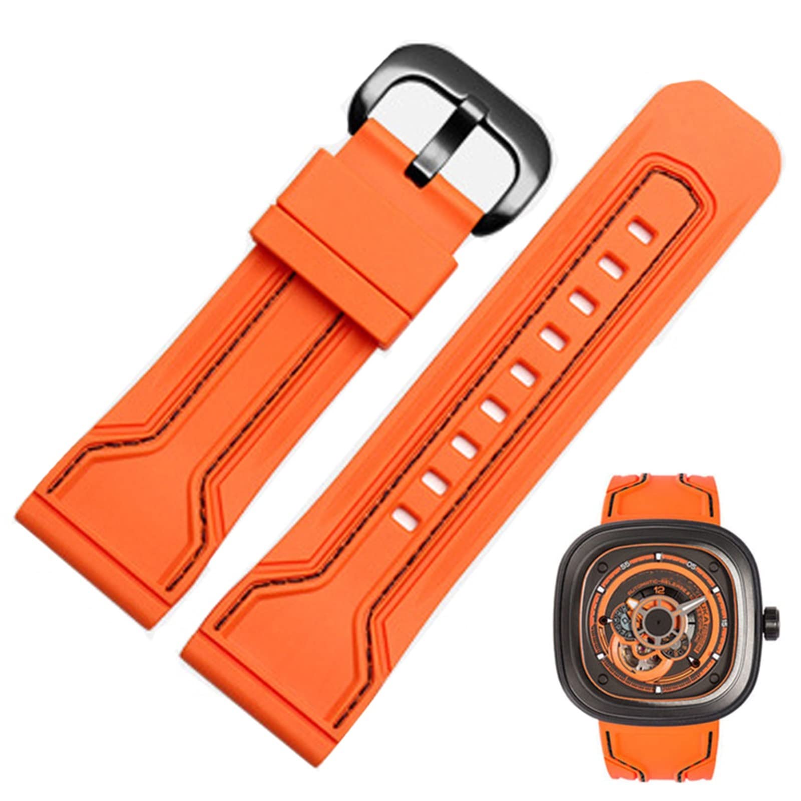 EEOMOiK Silicone Watch Band 28mm Watchbands for Seven on Friday Strap Silicone Rubber Watch Accessories Waterproof Wrist Band Bracelet Belt (Color : Orange-Black Buckle, Size : 28mm)