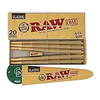 RAW Cones 1 1/4 Size: 20 Pack - Patented Slow Burning Pre Rolled Cones & Tips, Includes Green Blazer Sticker, 84mm