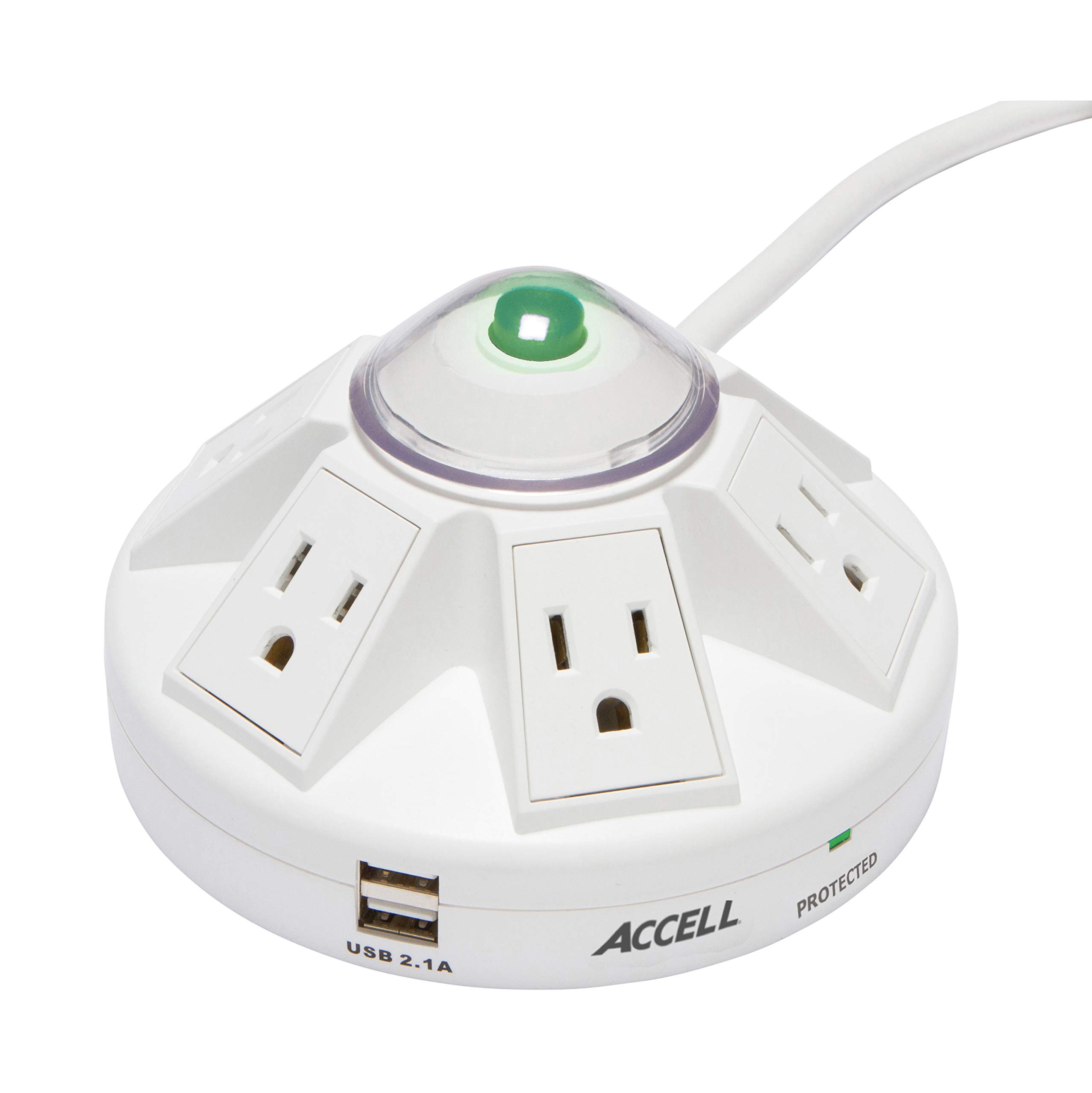 Accell Powramid USB Surge Protector - 2 USB Charging Ports (2.1A), 6 Outlets, 6-Foot Cord, 1080 Joules, UL Listed - White Grounded Extension Cord Power Strip, Model:D080B-014K