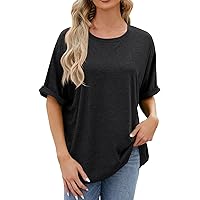 Women's Plus Size Oversized T-Shirt Summer Crew Neck Casual Tunic Tops Rolled Short Sleeve Loose Tee Tops Blouses