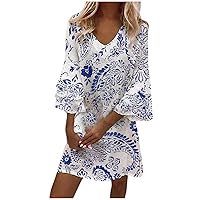 YZHM Womens Bell Sleeve Summer Dress 2023 Casual Dresses V Neck Floral Beach Dress Loose Fit Flowy Sundres Mini Tunic Dress