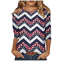 4th of July Tops for Women,Women's Fashion Casual Seven Sleeve Independence Day Element Printed Round Neck Top