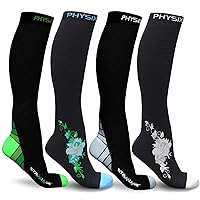 Physix Gear Sport 4 Pairs of Compression Socks for Men & Women in (Black/Green + Black/Grey + Black/Grey Flowers + Black/Blue Flowers) L-XL Size