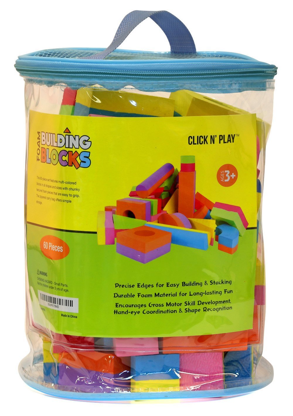 Click N' Play Foam Blocks, Soft Building Blocks and Stacking Block Toy Set For Toddlers| Perfect Bath Toys, 60 Count with Carry Tote | Great Gift for Toddler, Baby, Kids, Boy, and Girl Ages 1-3, 4-8