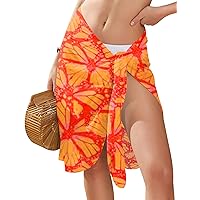 Ekouaer Women's Sarong Tie Side Sheer Mesh Wrap Skirt Swimsuit Bikini Cover Up Orange Flowers X-Large