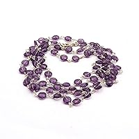 Coin Shape Purple Amethyst Silver Plated Semi-Precious Stone Gemstone Brass Wire Wrapped Beaded Chains Necklace