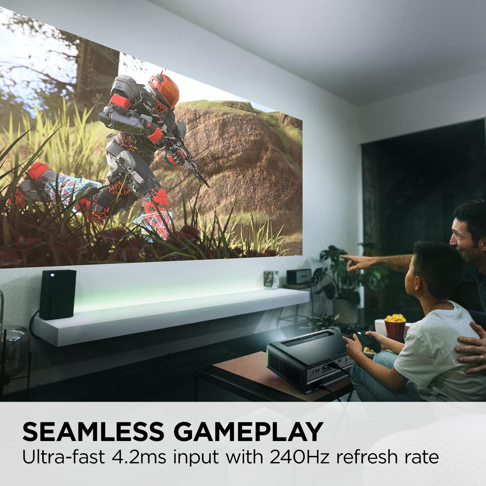 ViewSonic X2-4K UHD Short Throw Projector Designed for Xbox with Cinematic Colors, 4.2ms Response Time, 240 Hz Refresh Rate, 1.2x Optical Zoom, and HDR/HLG Support