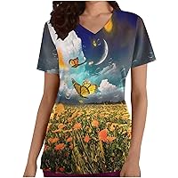 Womens Top Butterfly Loose Fit Long Blouses for Women Short Sleeve V Neck Work Scrub Fall Summer Shirts 2024