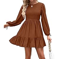 ZESICA Women's Long Sleeve Smocked Dress 2024 Casual Crew Neck Tiered Swing Cocktail Wedding Party Mini Dresses