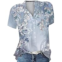 Women's Blouses Pullover Round Neck Loose Print Button Shirt Casual Versatile Top Short Sleeve Blouses, S-2XL