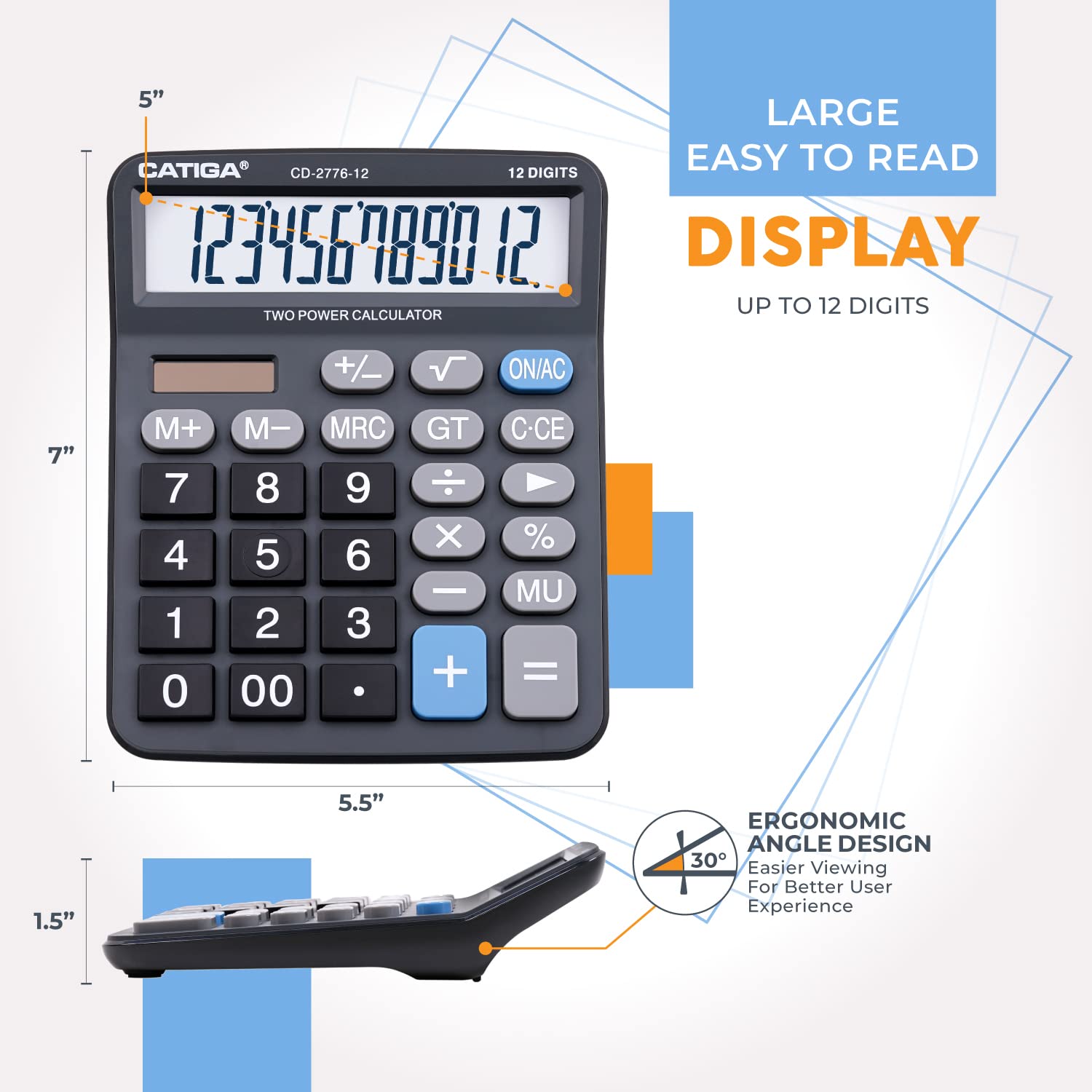 Premium Commercial 12-Digit Large Desktop Calculator with Huge 5-Inch LCD Display Screen, Giant Responsive Buttons, Battery and Solar Powered, Perfect for Home/Office Accounting Finance Use, CD-2776