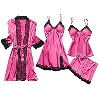 Women Sexy Pajamas Set Silk Satin Lace Trim Sleepwear Cami Robe Shorts Summer Spring Pj Sets 4 Piece Lingerie Outfit