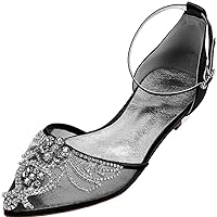 Womens Guest Wedding Shoes Comfort Flats Bridesmaid Shoes Ankle Strap Bridal Wedding Pointed Toe Rhinestones Mesh