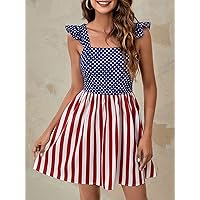 Summer Dresses for Women 2022 Flag Print Ruffle Trim Shirred Back Dress Dresses for Women (Color : Multicolor, Size : X-Small)