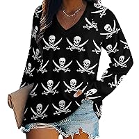 Pirate Jack Rackham Flag Women's Casual Long Sleeve T Shirts V Neck Printed Graphic Blouses Tee Tops