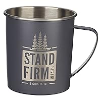 Stainless Steel Single Wall Travel Camp Style Mug 17 oz Gray Sturdy Lightweight Design and Comfort Handle for Men & Women with Bible Verse - Stand Firm -1 Corinthians 16:13