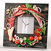 Composition Sausages Spices and Vegetables on Dark Wood Wall Clock Framed Mirror Deli Food Fan Art Cafe Decor Home Design Gift