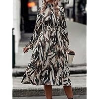 Women's Dress Dresses for Women Allover Print Flounce Sleeve Shirred Waist Dress (Color : Multicolor, Size : Small)