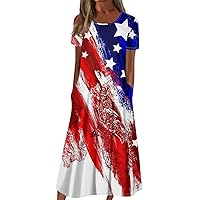 Short Sleeve Shift Funny Dress Female Fall Home with Pockets Crewneck Women American Flag Soft Cotton Regular Red XL
