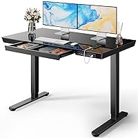 Marsail Glass Standing Desk with Drawer, 48 x 24 inch Electric Standing Desk, Height Adjustable Desk with One-Piece Tabletop & USB Charging Ports, Sit Stand Desk with Storage for Home & Office Black