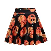 YiZYiF Women's Halloween Vintage Pleated Pumpkin Print Mini Skirt A-line High Waisted Flared Skirts