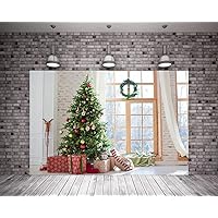 10x10ft Christmas Tree Photography Background Elk White Brick Wall Wooden Window Frame White Floor Background
