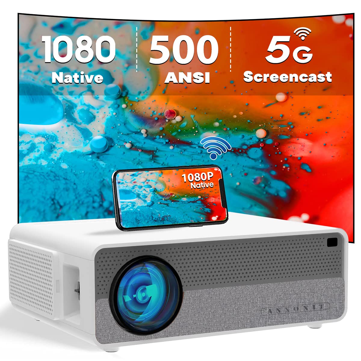 ANXONIT Native 1080P Projector, 500 ANSI Lumens FHD Video Projector, 5G WiFi Screencast, Dual 8W Speakers with Bluetooth, 300