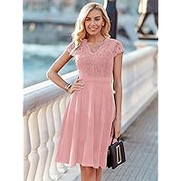 Womens Fall Fashion 2022 Contrast Floral Lace Panel Flared Hem Cocktail Party Swing Dress (Color : Baby Pink, Size : Large)