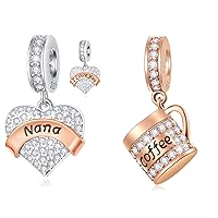 2pcs Set Rose Gold I Love You Nana and Coffee Cup Charms Pendant Fit DIY Bracelet, in 925 Sterling Silver, Christmas Gift for Grandma