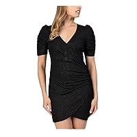 Speechless Womens Black Stretch Glitter Ruched Faux-wrap Tulip-Hem Pouf Sleeve V Neck Mini Party Body Con Dress Juniors XXL