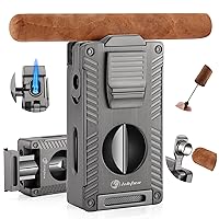 Cigar Torch Lighter, All-in-1 Cigar Lighter Built-in Cigar Holder Cigar Punch Cigar Draw Enhancer Cigar Cutter V Cut, Double Jet Flame Refillable Butane Lighters for smoking, Cigar Gift for Men