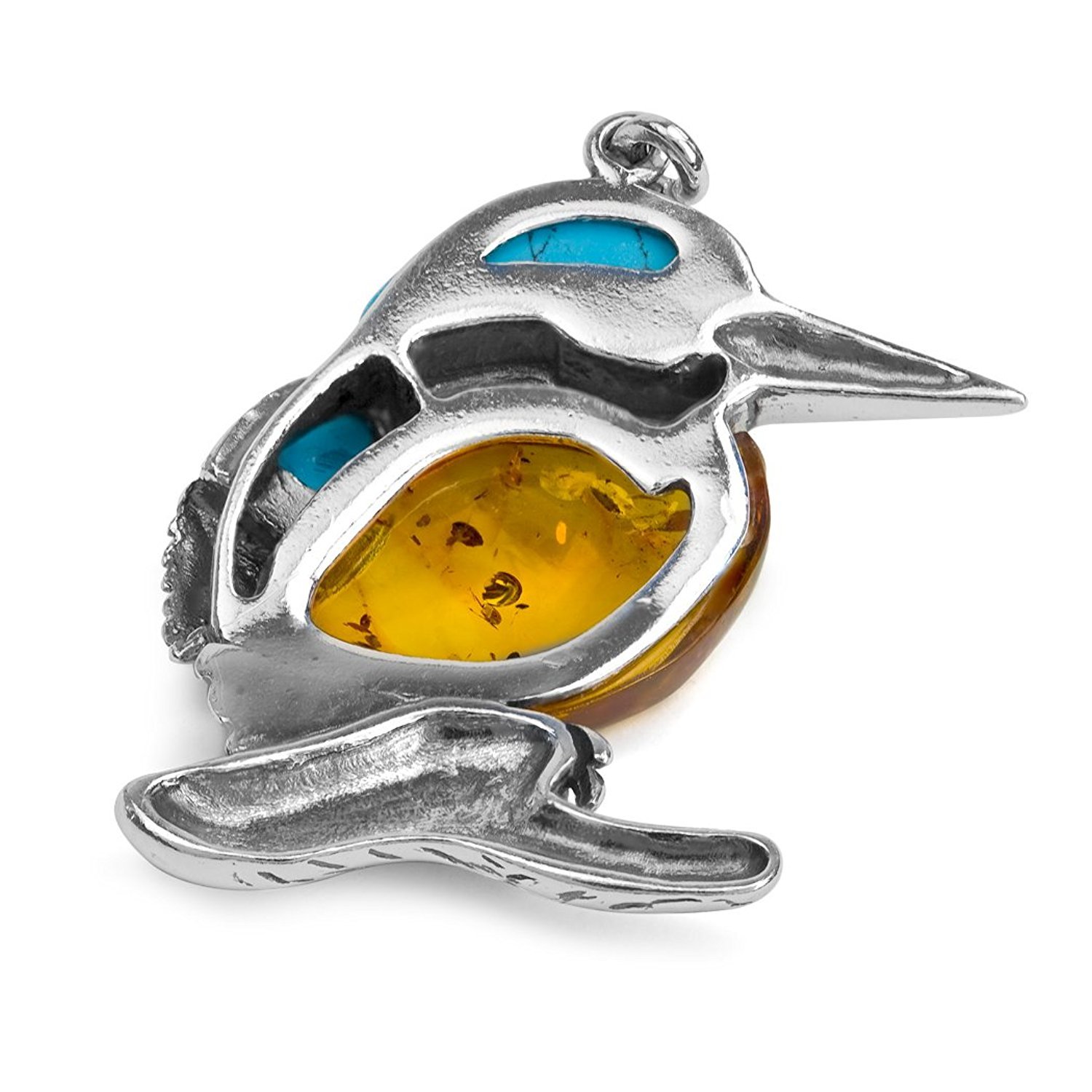 Ian and Valeri Co. Sterling Silver Amber Blue Turquoise Kingfisher Bird Pendant Necklace 18 Inches