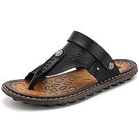 Mens Sandals Flip Flops for Men Shoes with Toe Ring Casual Summer Leather Black