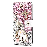 Crystal Wallet Case Compatible with iPhone 11 Pro - Elephant Flowers Butterfly - Pink&White - 3D Handmade Glitter Bling Leather Cover with Screen Protector & Beaded Phone Lanyard