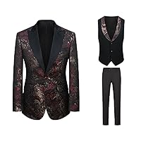 Men's Formal Tuxedo Suit Slim Paisley Blazer Jacket Vest Pants Set for Wedding Party,Dinner,Prom