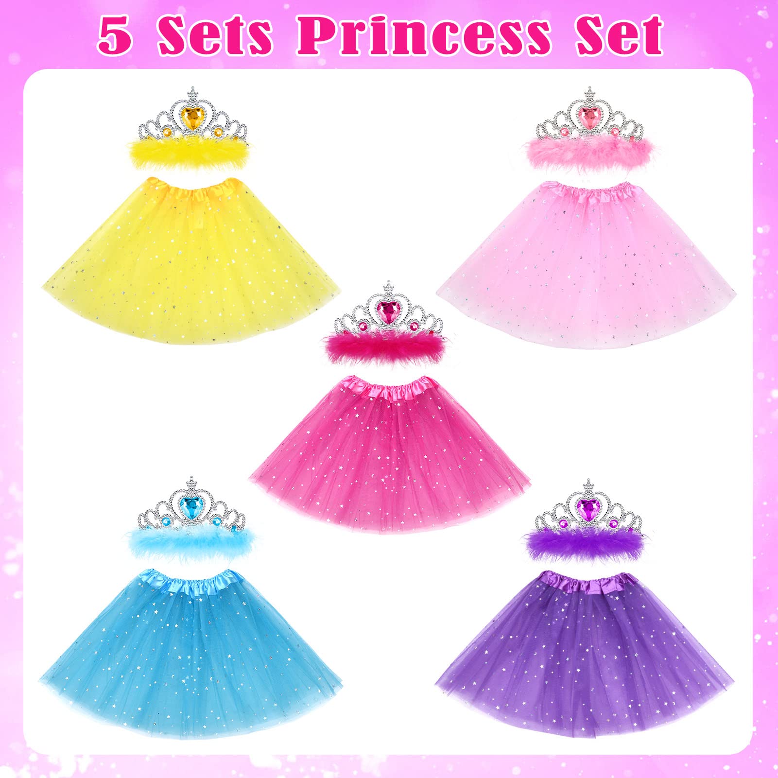 G.C Girls Princess Dress up Clothes with Star Sequins and Princess Crown Tiara Set Ballet Birthday Party for 2-8 Year Old Girl Gifts Tutu Skirt as Party Favors